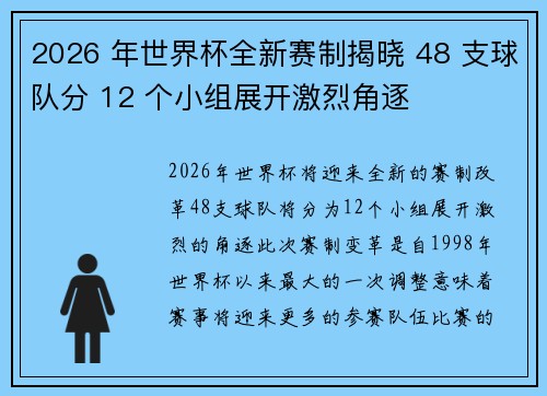 2026 年世界杯全新赛制揭晓 48 支球队分 12 个小组展开激烈角逐