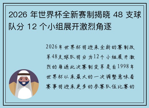 2026 年世界杯全新赛制揭晓 48 支球队分 12 个小组展开激烈角逐