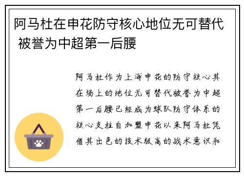 阿马杜在申花防守核心地位无可替代 被誉为中超第一后腰